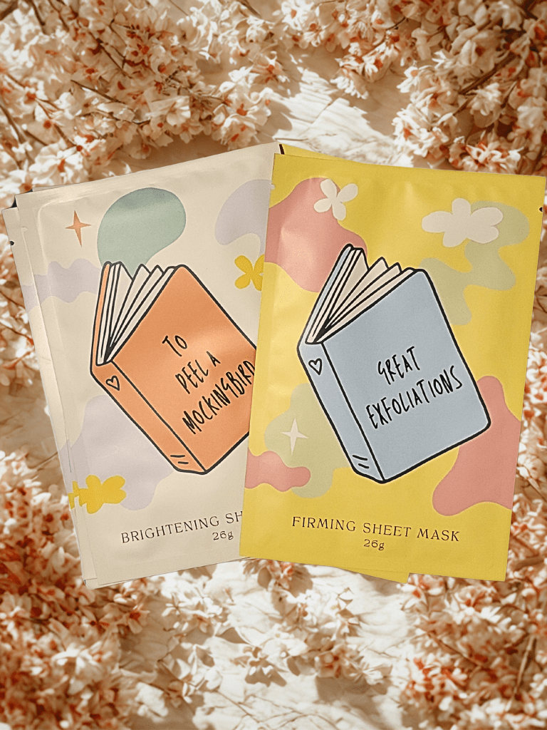 Six colorful sheet masks featuring playful book designs, titled 'To Peel a Mockingbird' and 'Great Exfoliations'.