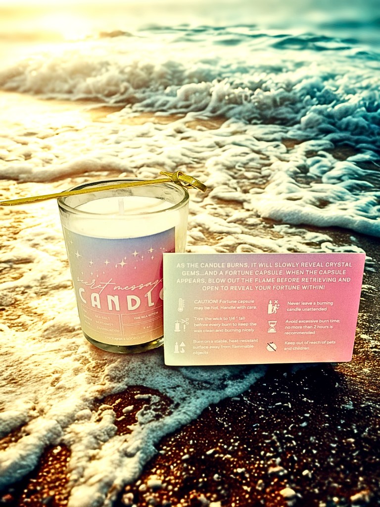 A beautifully designed fortune candle, which reveals hidden gems and a fortune capsule as it burns.